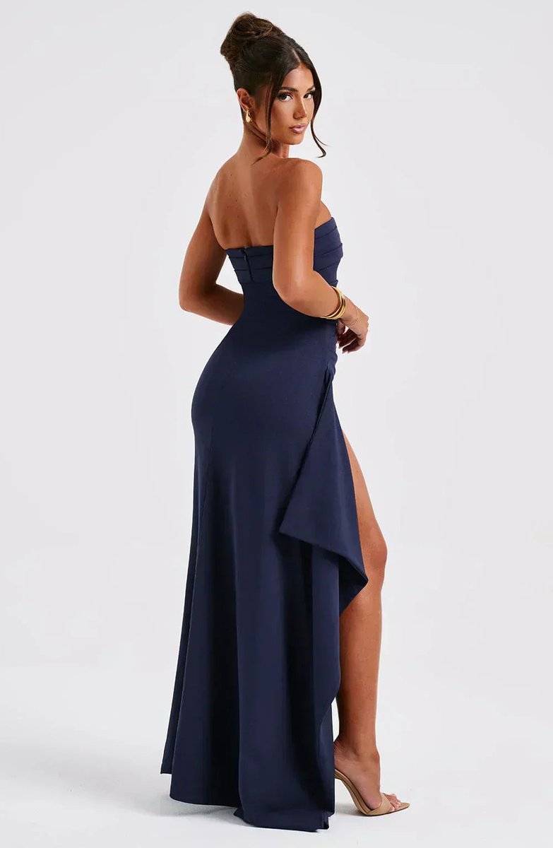 Women's Strapless Ruched Fall Wedding Guest Dress High-Slit Maxi Gown