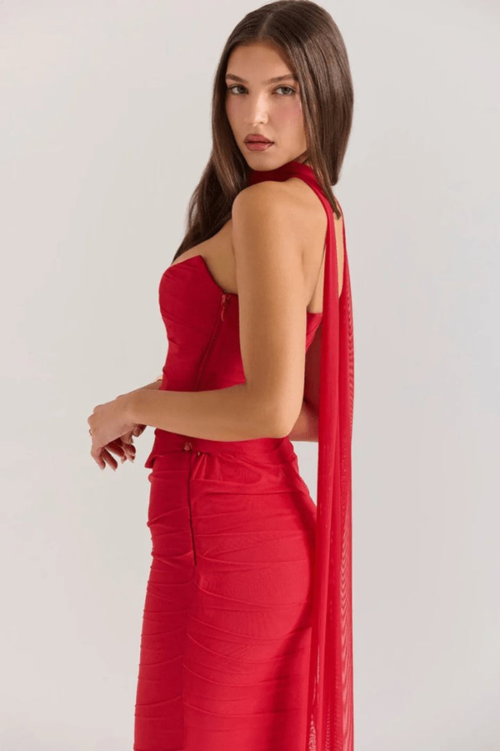 Women's Strapless Ruched Mesh Mermaid Fall Wedding Guest Dress