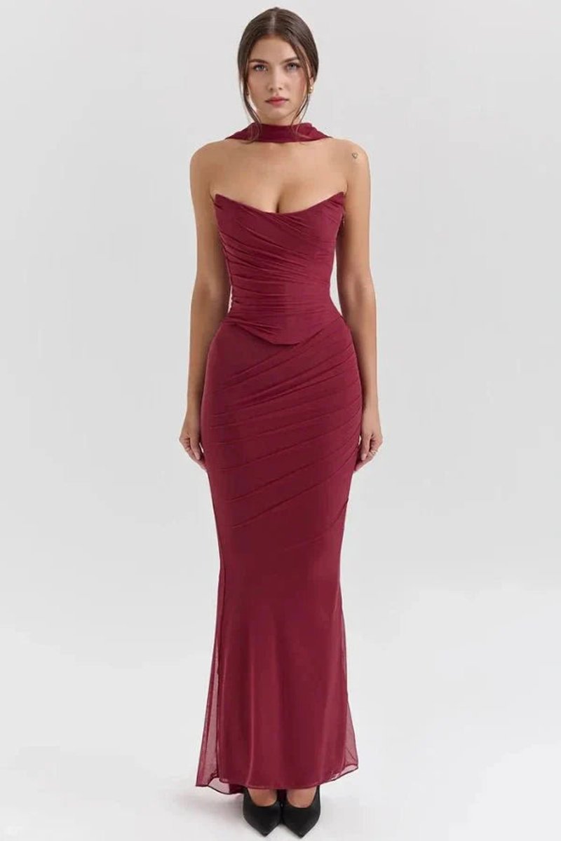Women's Strapless Ruched Mesh Mermaid Fall Wedding Guest Dress