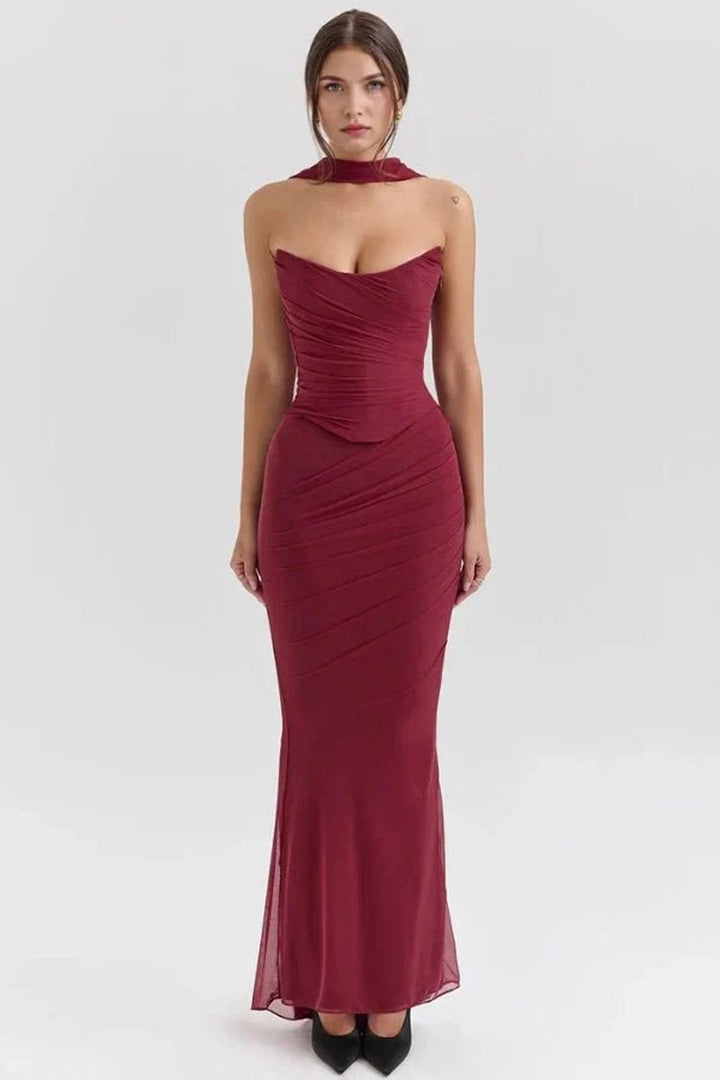 Women's Strapless Ruched Mesh Mermaid Fall Wedding Guest Dress