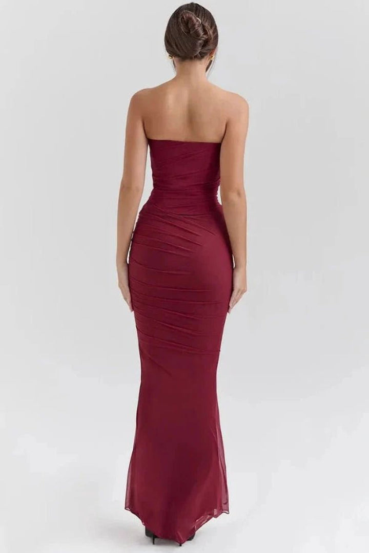 Women's Strapless Ruched Mesh Mermaid Fall Wedding Guest Dress