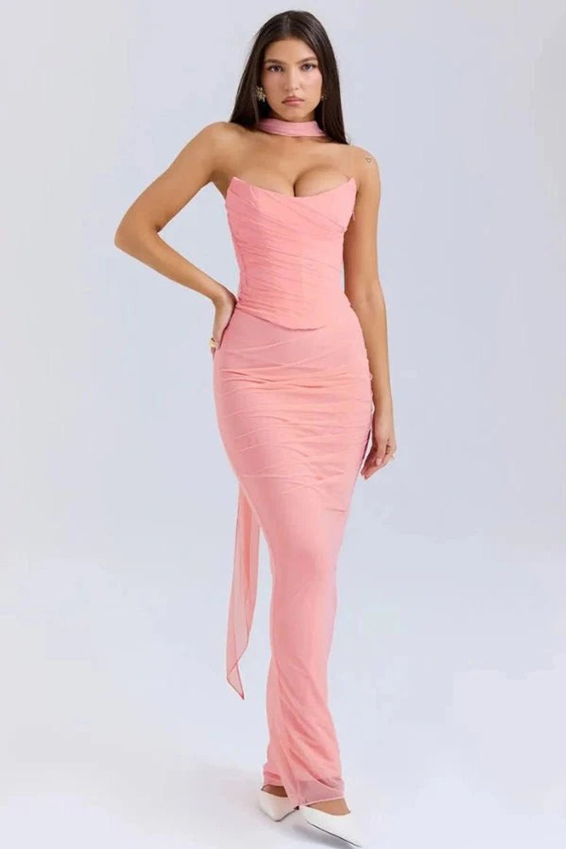 Women's Strapless Ruched Mesh Mermaid Fall Wedding Guest Dress