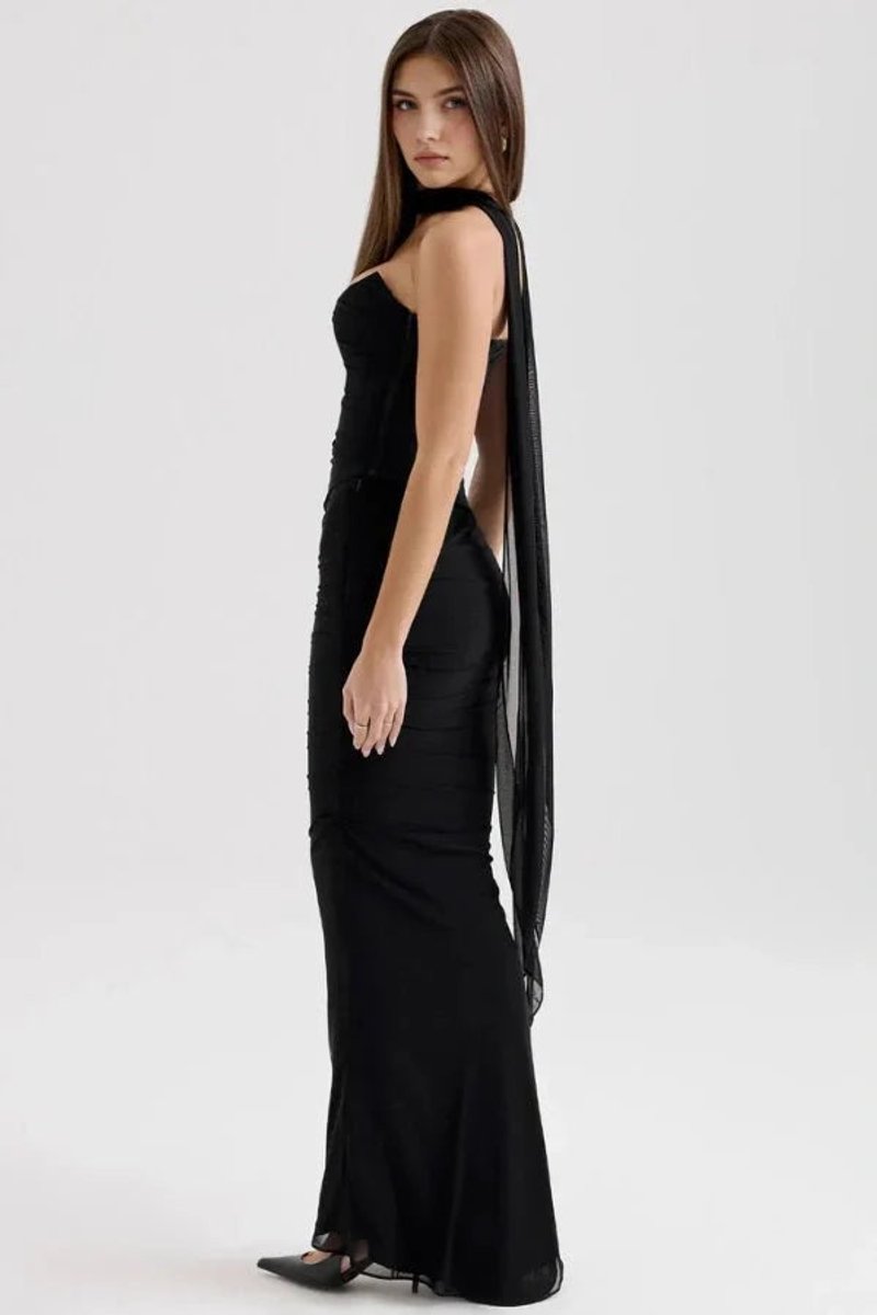 Women's Strapless Ruched Mesh Mermaid Fall Wedding Guest Dress