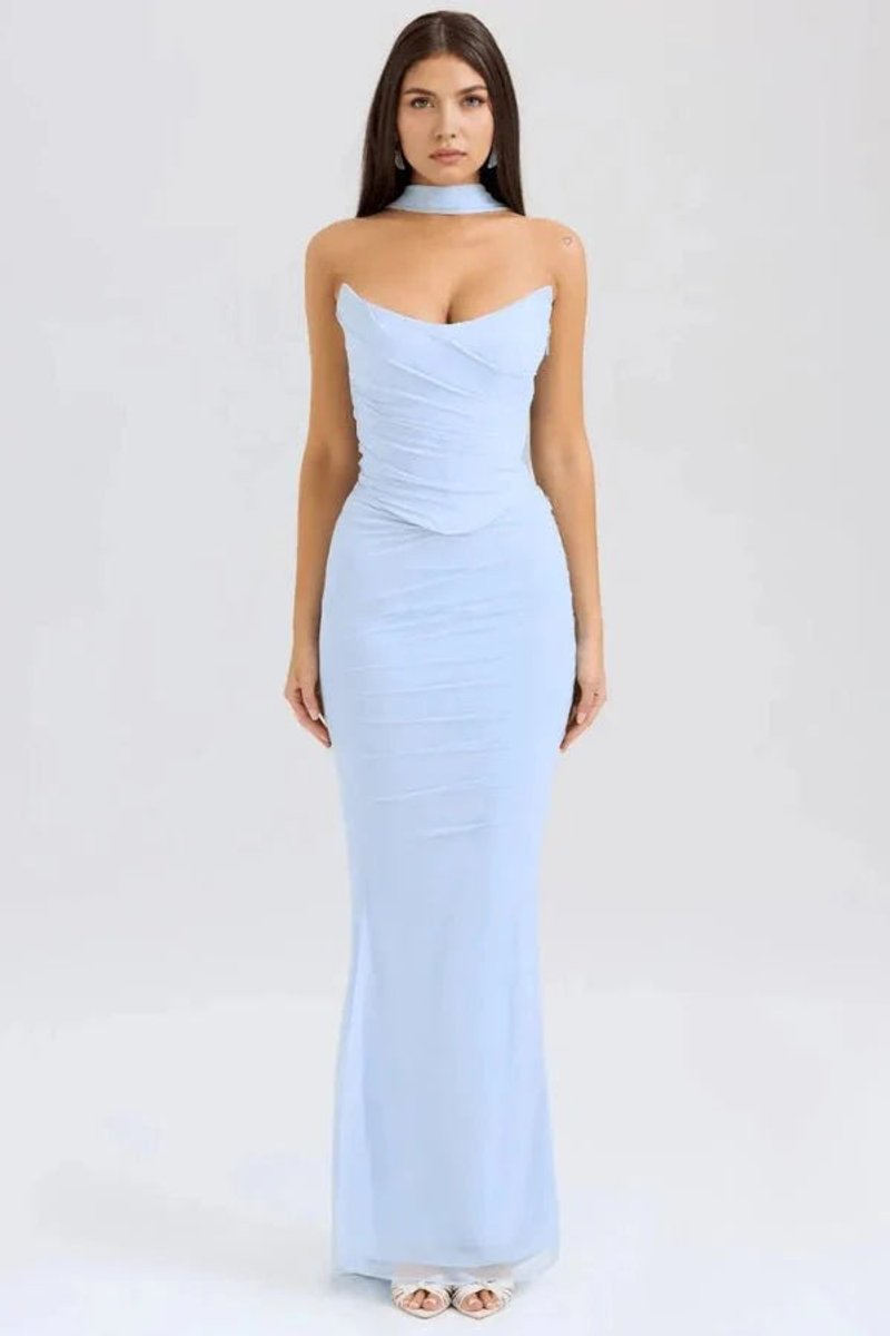 Women's Strapless Ruched Mesh Mermaid Fall Wedding Guest Dress