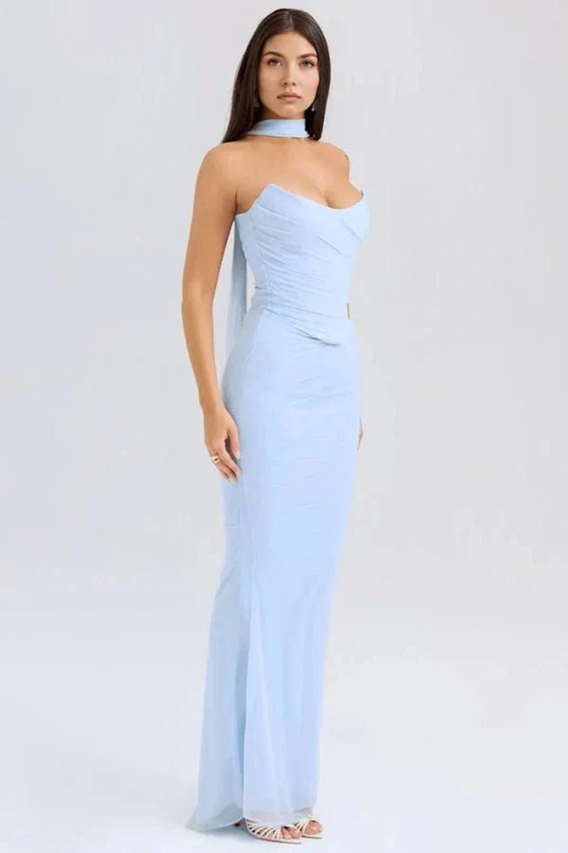 Women's Strapless Ruched Mesh Mermaid Fall Wedding Guest Dress
