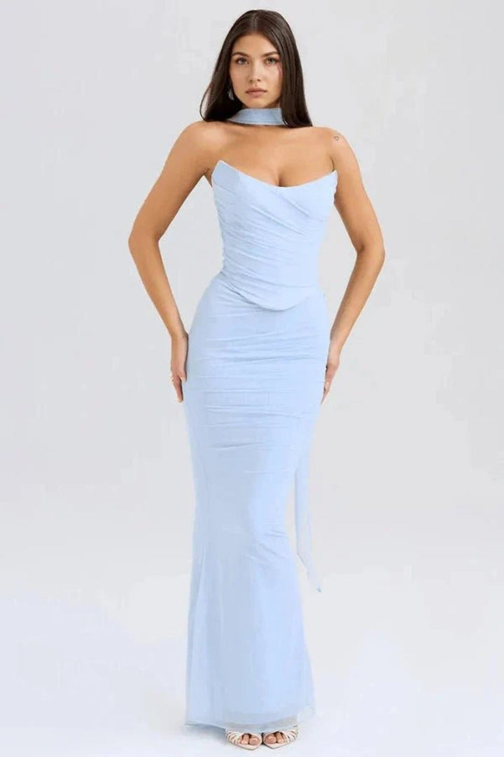 Women's Strapless Ruched Mesh Mermaid Fall Wedding Guest Dress