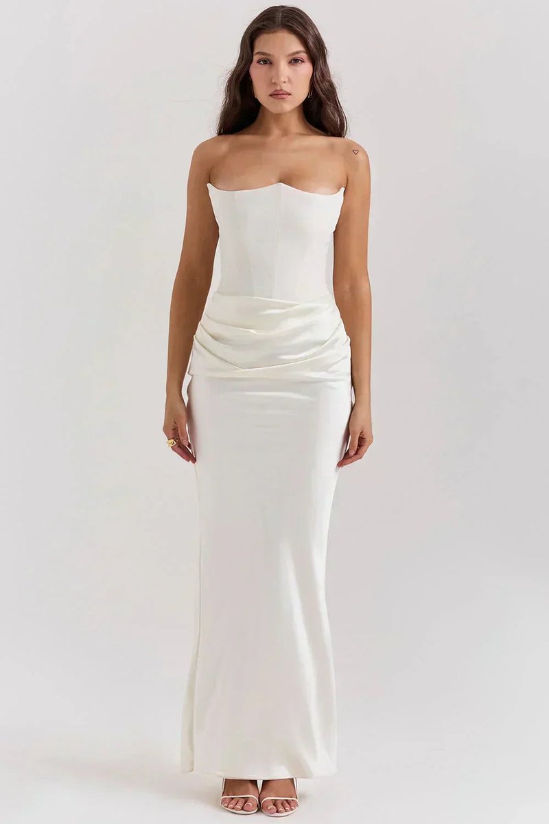 Women's Strapless Satin-Skirt Corset Formal Dress Maxi Gown