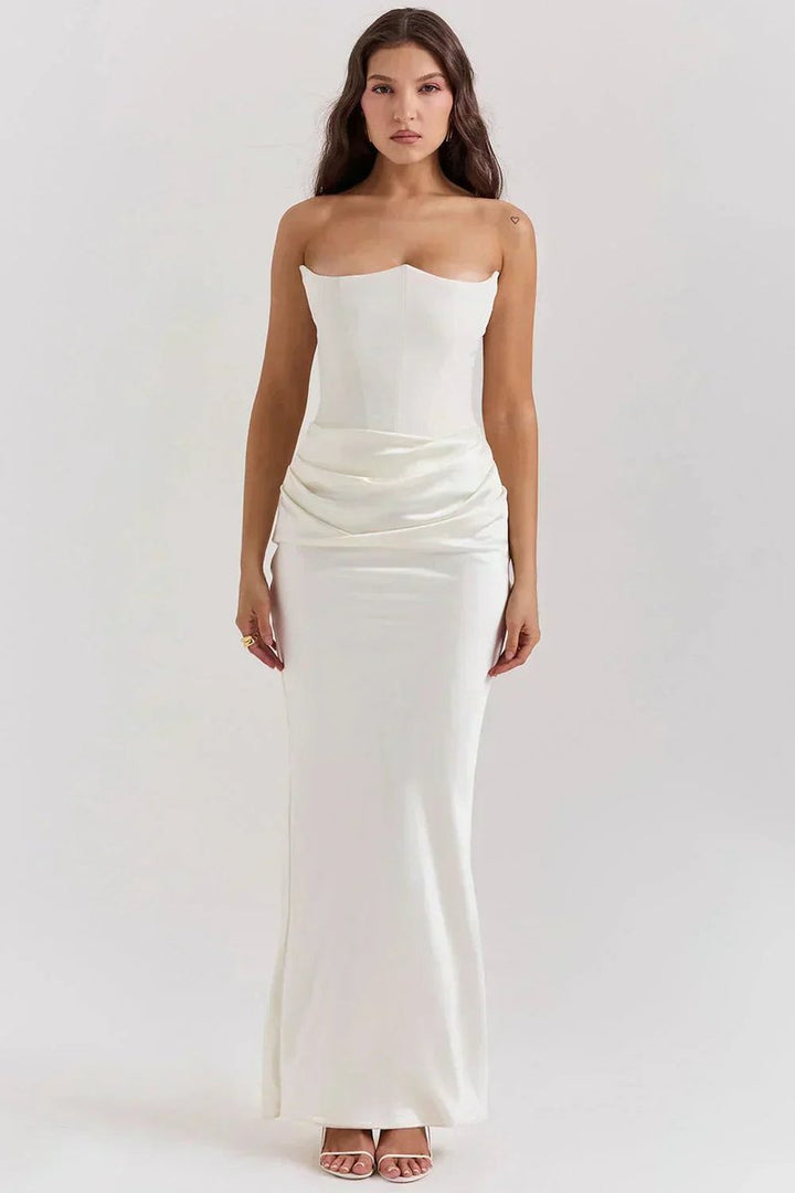 Women's Strapless Satin-Skirt Corset Formal Dress Maxi Gown