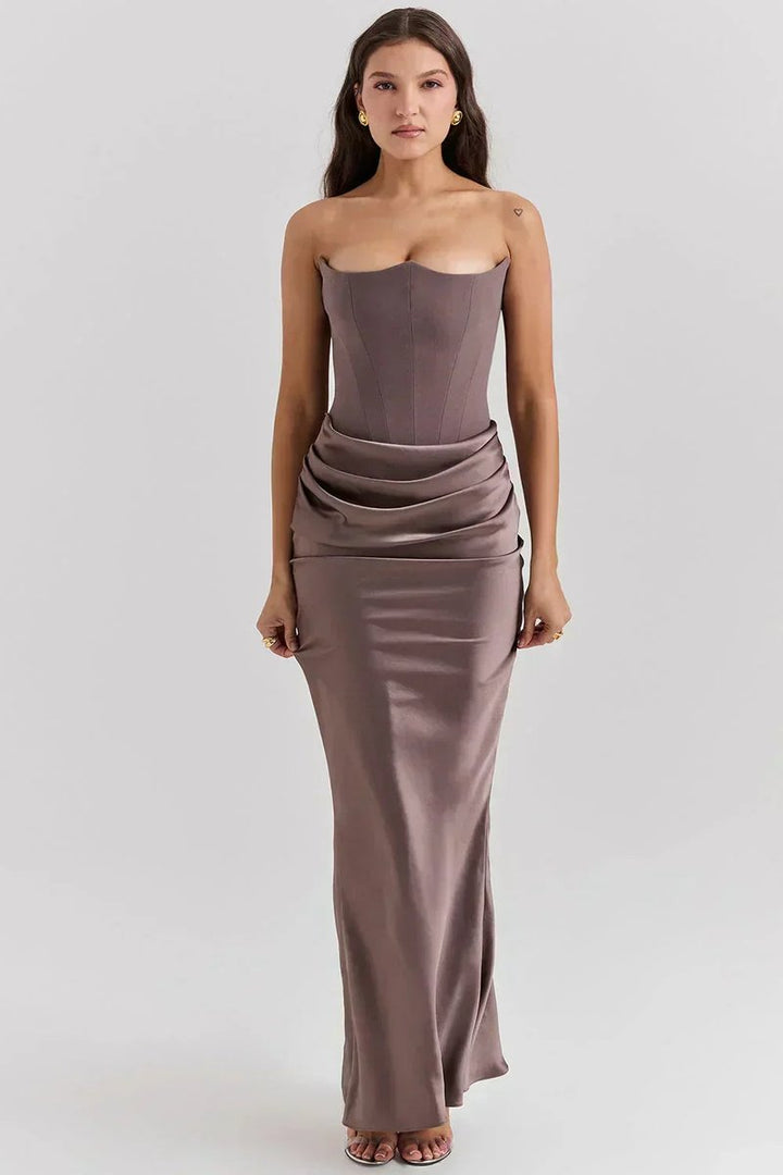 Women's Strapless Satin-Skirt Corset Formal Dress Maxi Gown