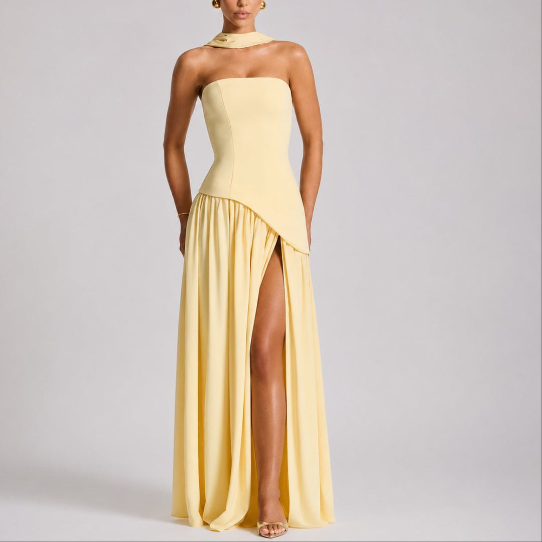 Women's Strapless Scarf-Neck High-Slit Fall Wedding Guest Dress
