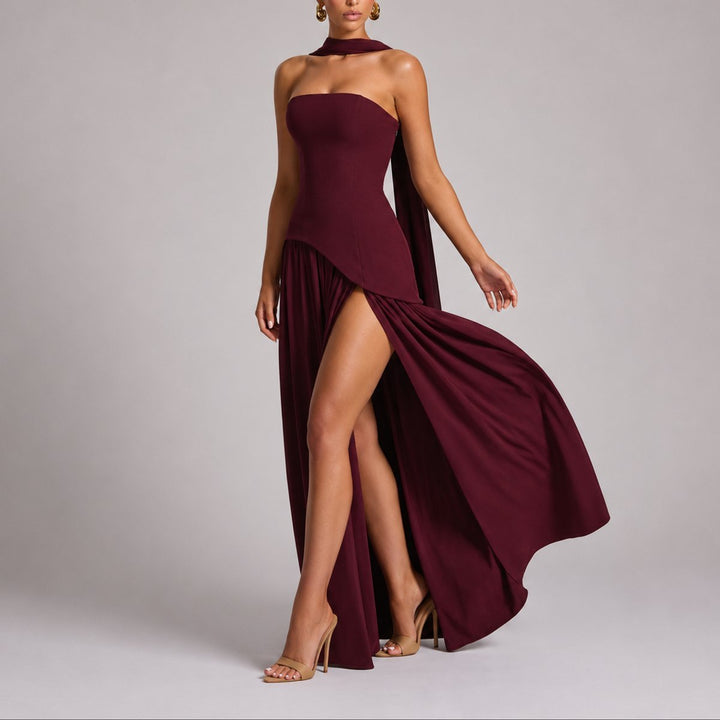 Women's Strapless Scarf-Neck High-Slit Fall Wedding Guest Dress