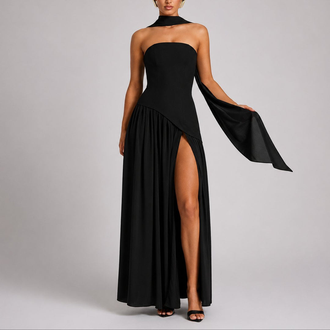 Women's Strapless Scarf-Neck High-Slit Fall Wedding Guest Dress