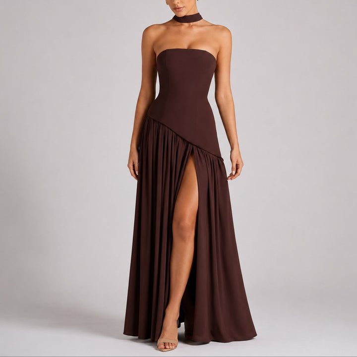 Women's Strapless Scarf-Neck High-Slit Fall Wedding Guest Dress
