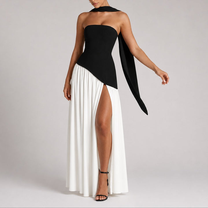 Women's Strapless Scarf-Neck High-Slit Fall Wedding Guest Dress