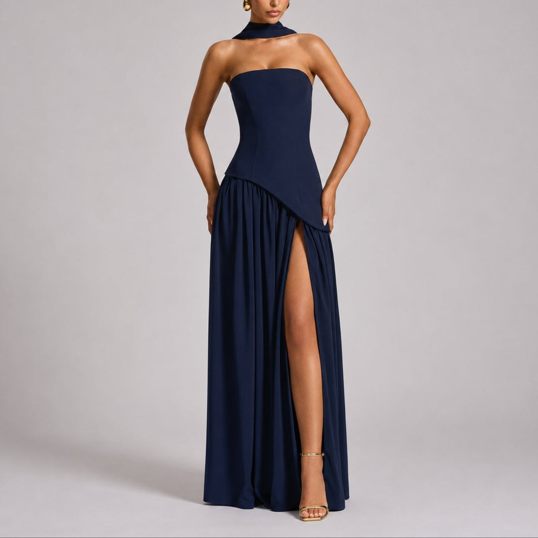 Women's Strapless Scarf-Neck High-Slit Fall Wedding Guest Dress