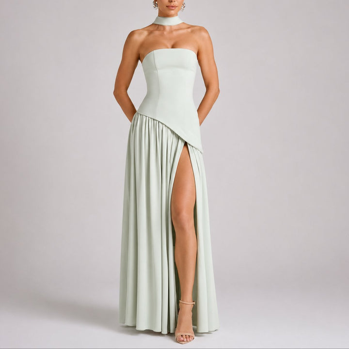 Women's Strapless Scarf-Neck High-Slit Fall Wedding Guest Dress