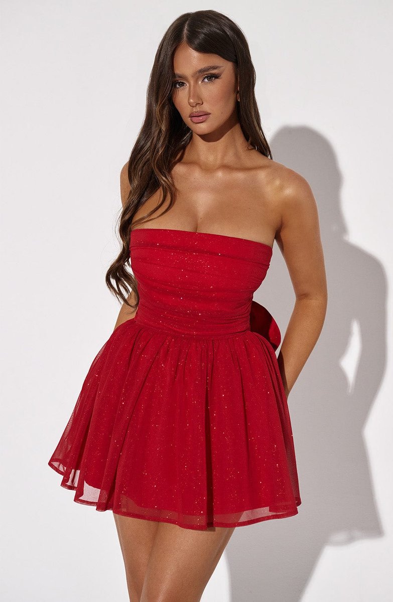 Women's Strapless Sparkle Tulle Fall Wedding Guest Dress Mini