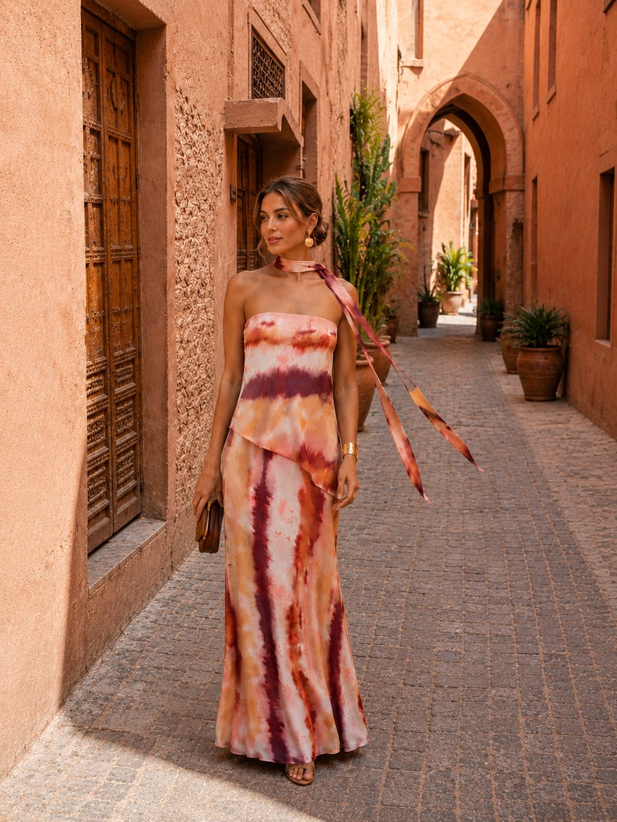 Women's Strapless Tie-Dye Maxi Formal Dress Scarf Detail