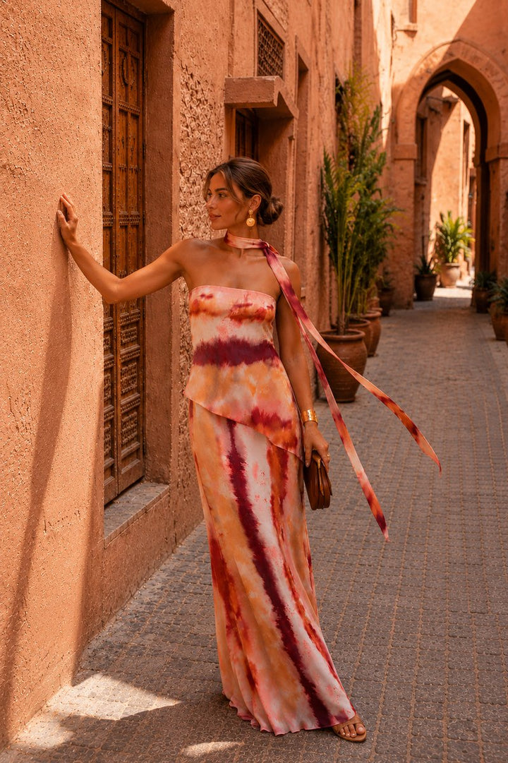 Women's Strapless Tie-Dye Maxi Formal Dress Scarf Detail