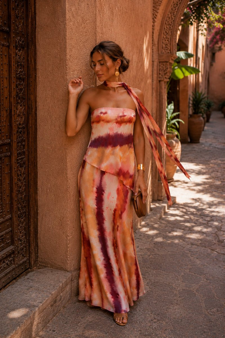Women's Strapless Tie-Dye Maxi Formal Dress Scarf Detail