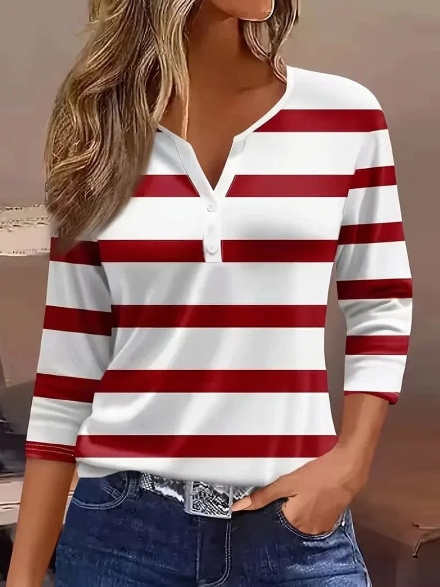 Women's Striped 3/4-Sleeve Henley V-Neck Top