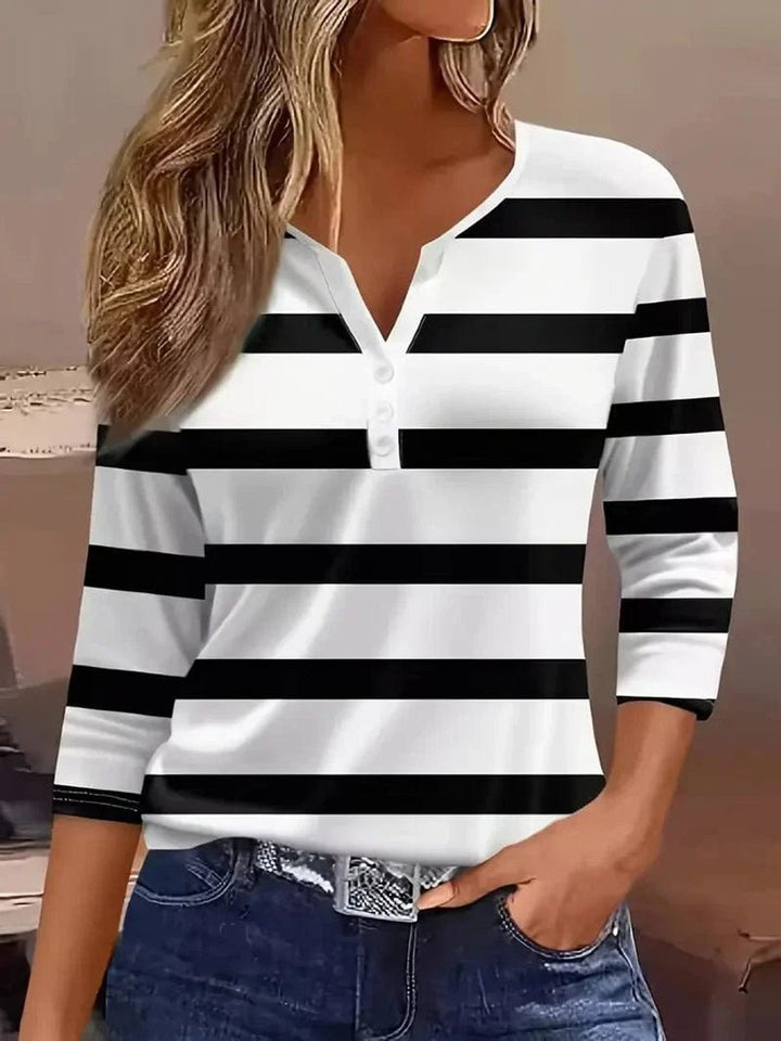 Women's Striped 3/4-Sleeve Henley V-Neck Top