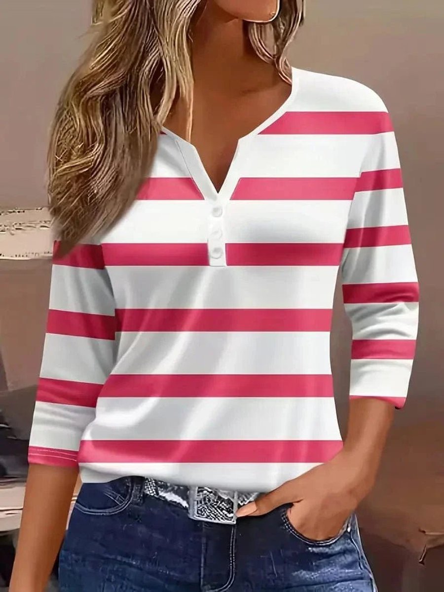 Women's Striped 3/4-Sleeve Henley V-Neck Top