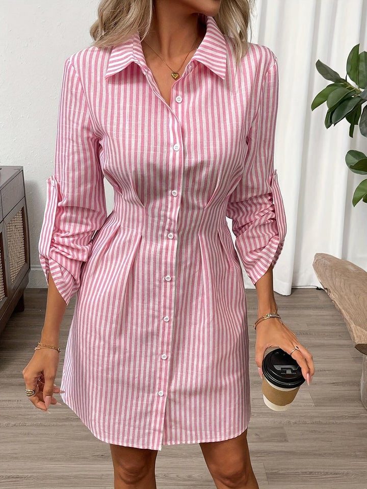 Women's Striped Button-Down Fall Wedding Guest Dress Fitted Shirt