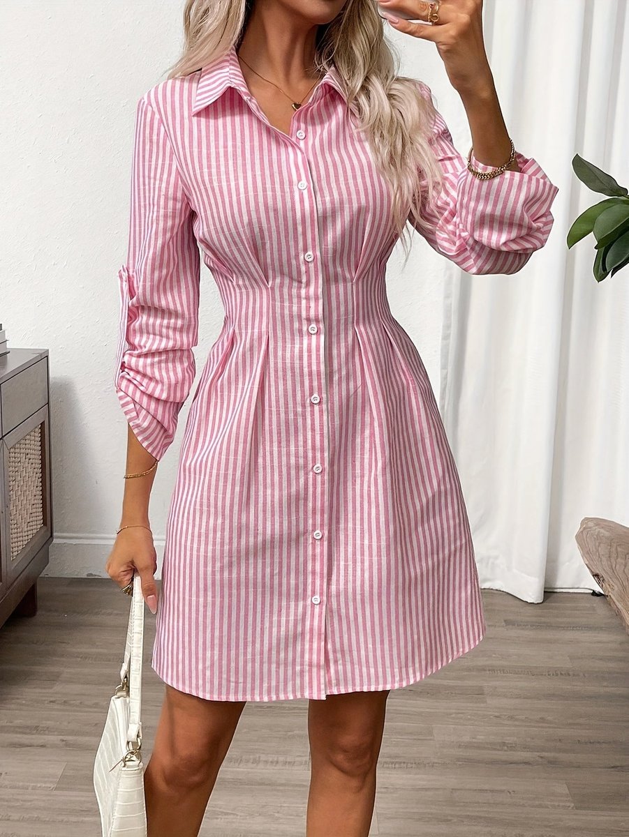 Women's Striped Button-Down Fall Wedding Guest Dress Fitted Shirt