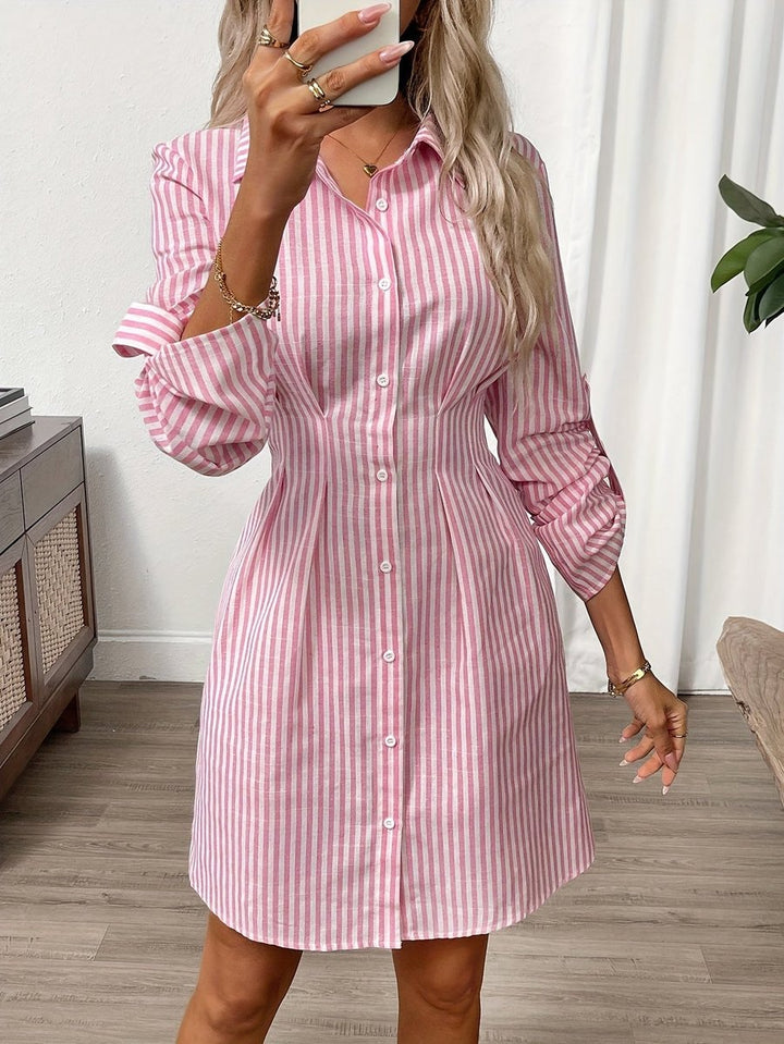 Women's Striped Button-Down Fall Wedding Guest Dress Fitted Shirt