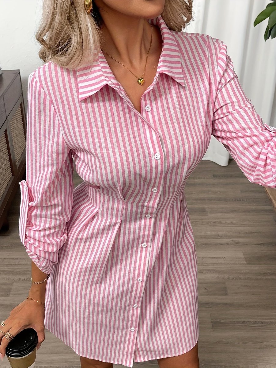 Women's Striped Button-Down Fall Wedding Guest Dress Fitted Shirt