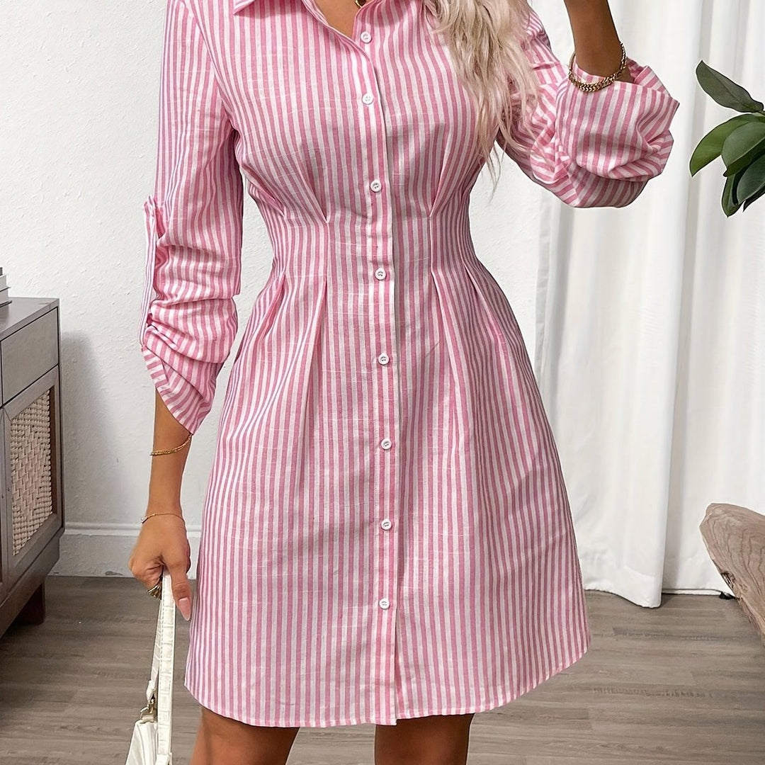 Women's Striped Button-Down Fall Wedding Guest Dress Fitted Shirt