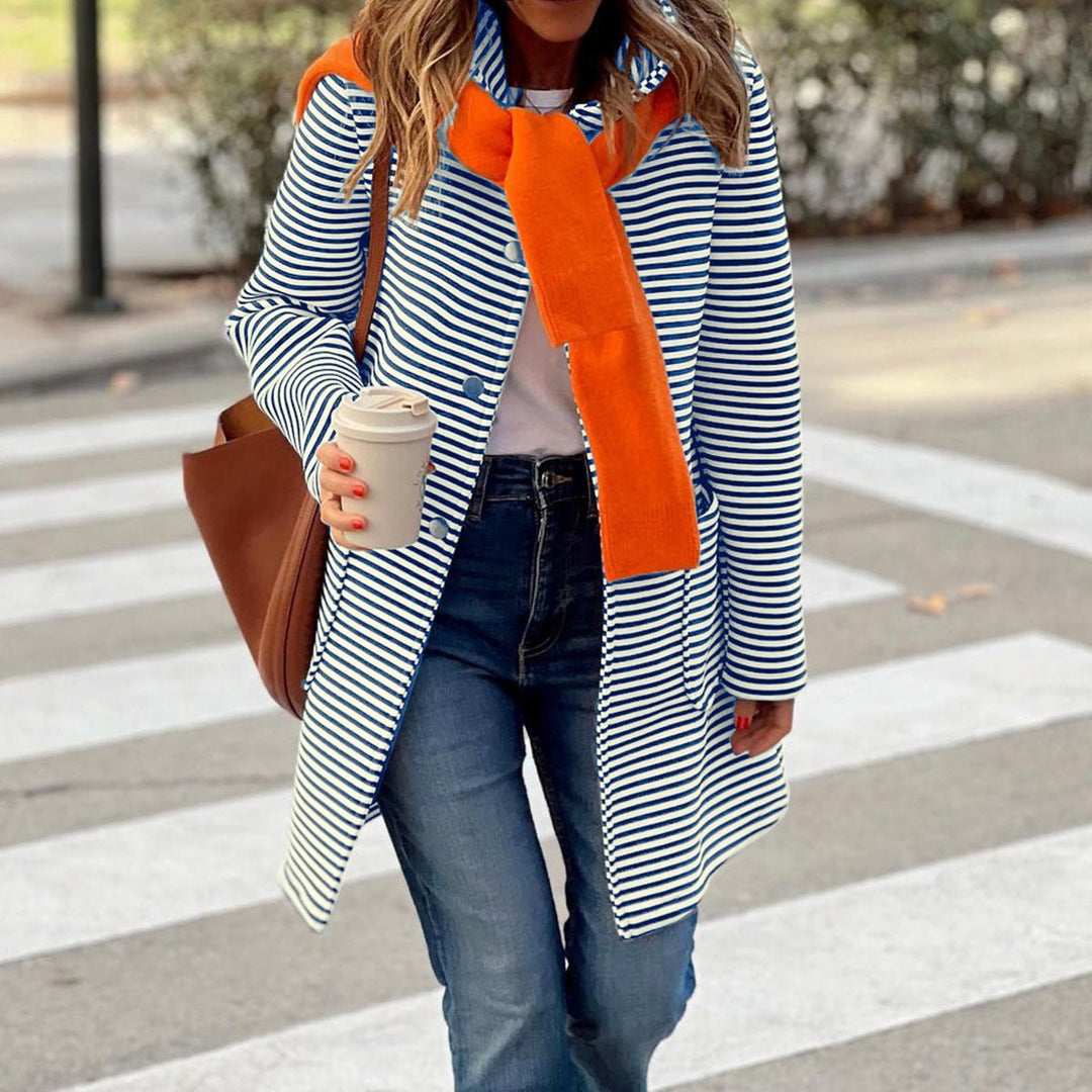 Women's Striped Button-Front Longline Trench Coat