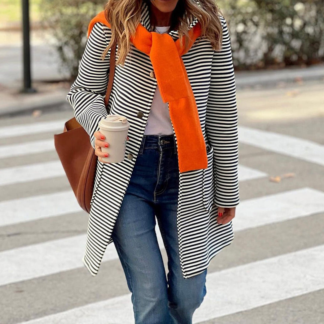 Women's Striped Button-Front Longline Trench Coat