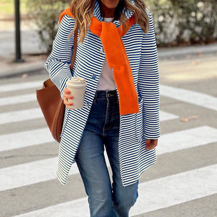 Women's Striped Button-Front Longline Trench Coat