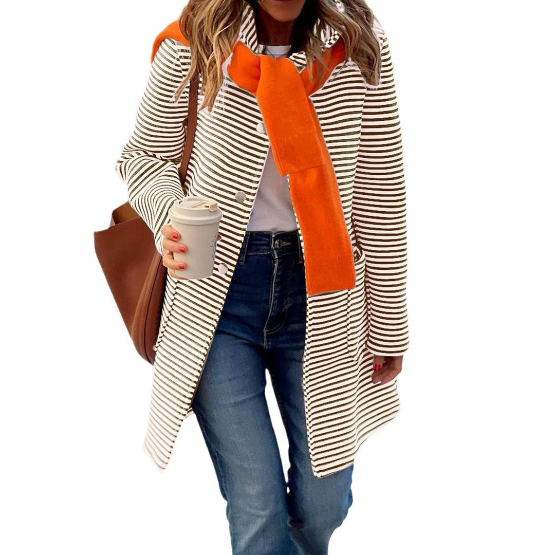 Women's Striped Button-Front Longline Trench Coat
