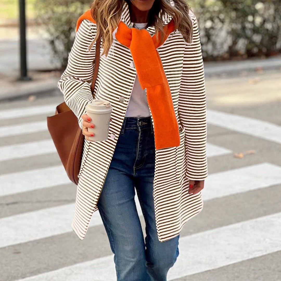Women's Striped Button-Front Longline Trench Coat