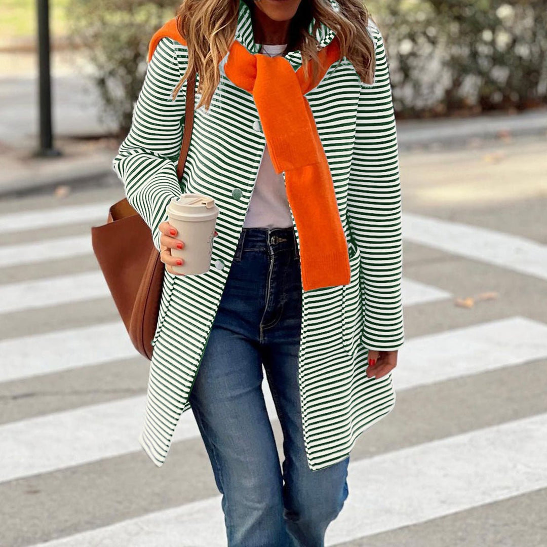 Women's Striped Button-Front Longline Trench Coat
