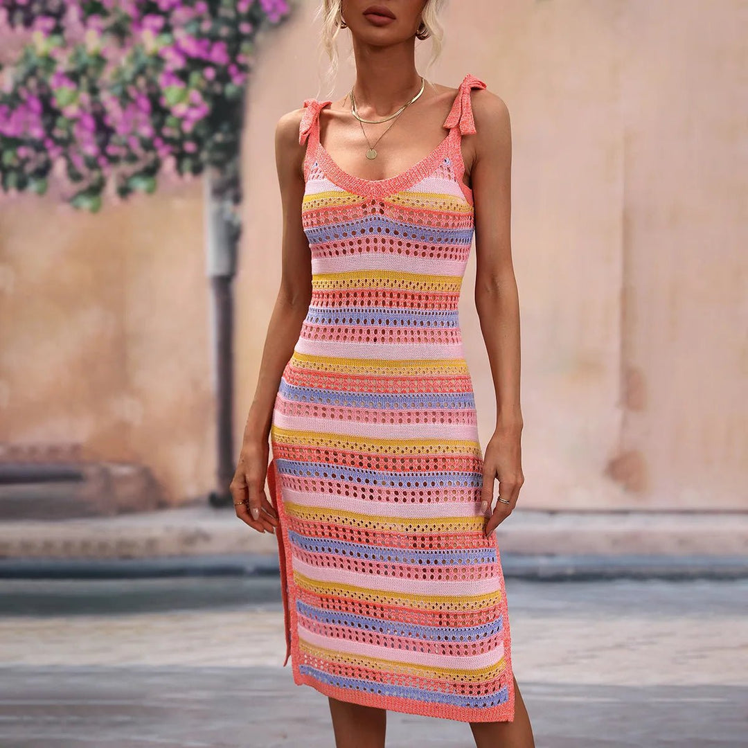 Women's Striped Crochet Knit Tie-Shoulder Fall Midi Dress