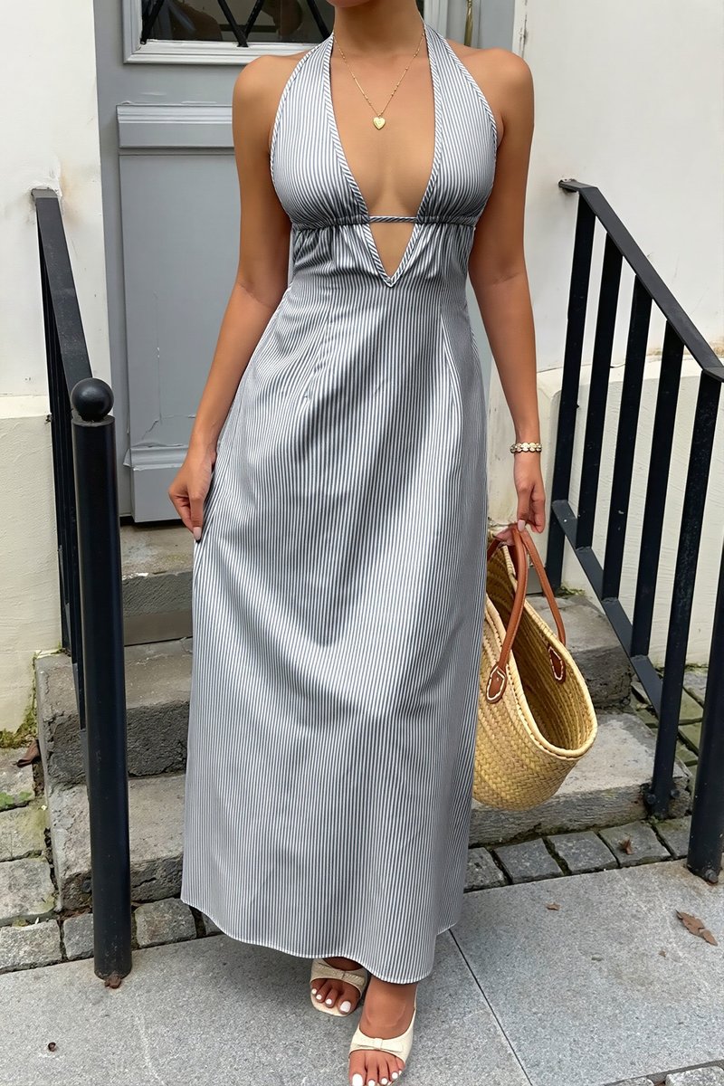 Women's Striped Halter Maxi Fall Wedding Guest Dress Open Back