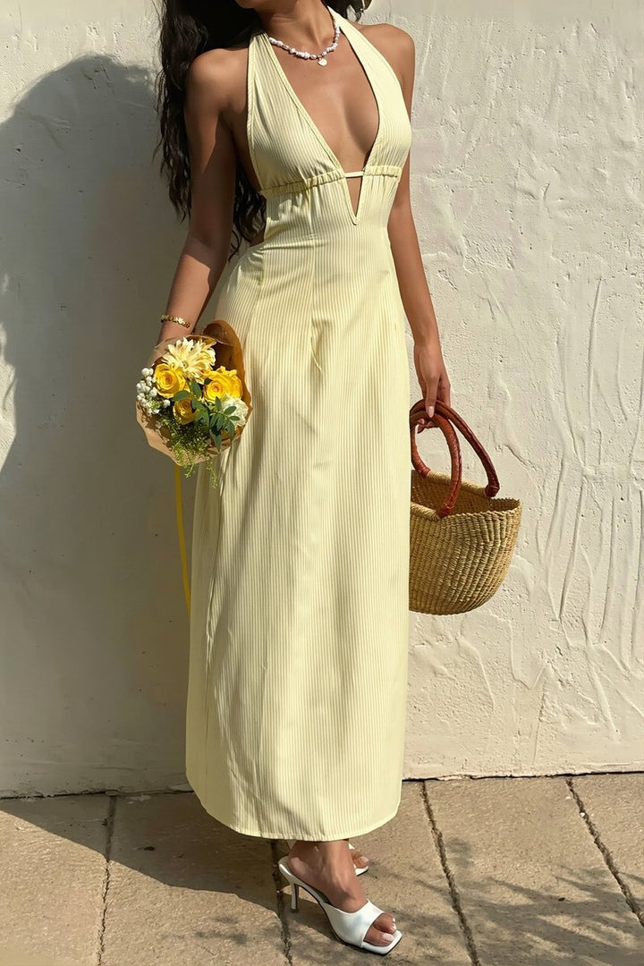 Women's Striped Halter Maxi Fall Wedding Guest Dress Open Back