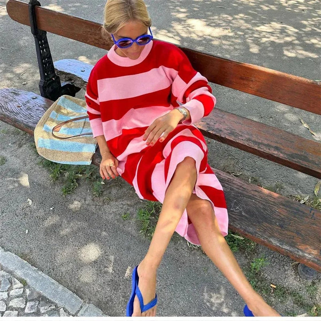 Women's Striped Knit Oversized Fall Midi Dress