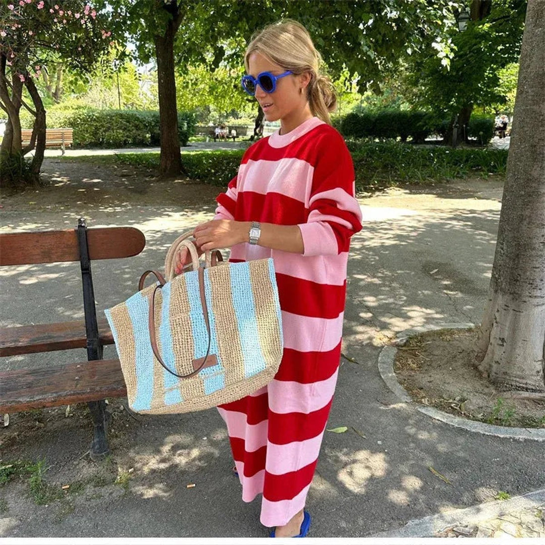 Women's Striped Knit Oversized Fall Midi Dress