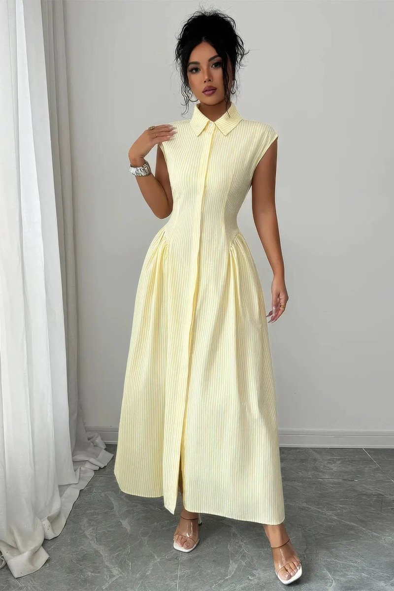 Women's Striped Maxi Fall Wedding Guest Dress Collared Sleeveless A-Line