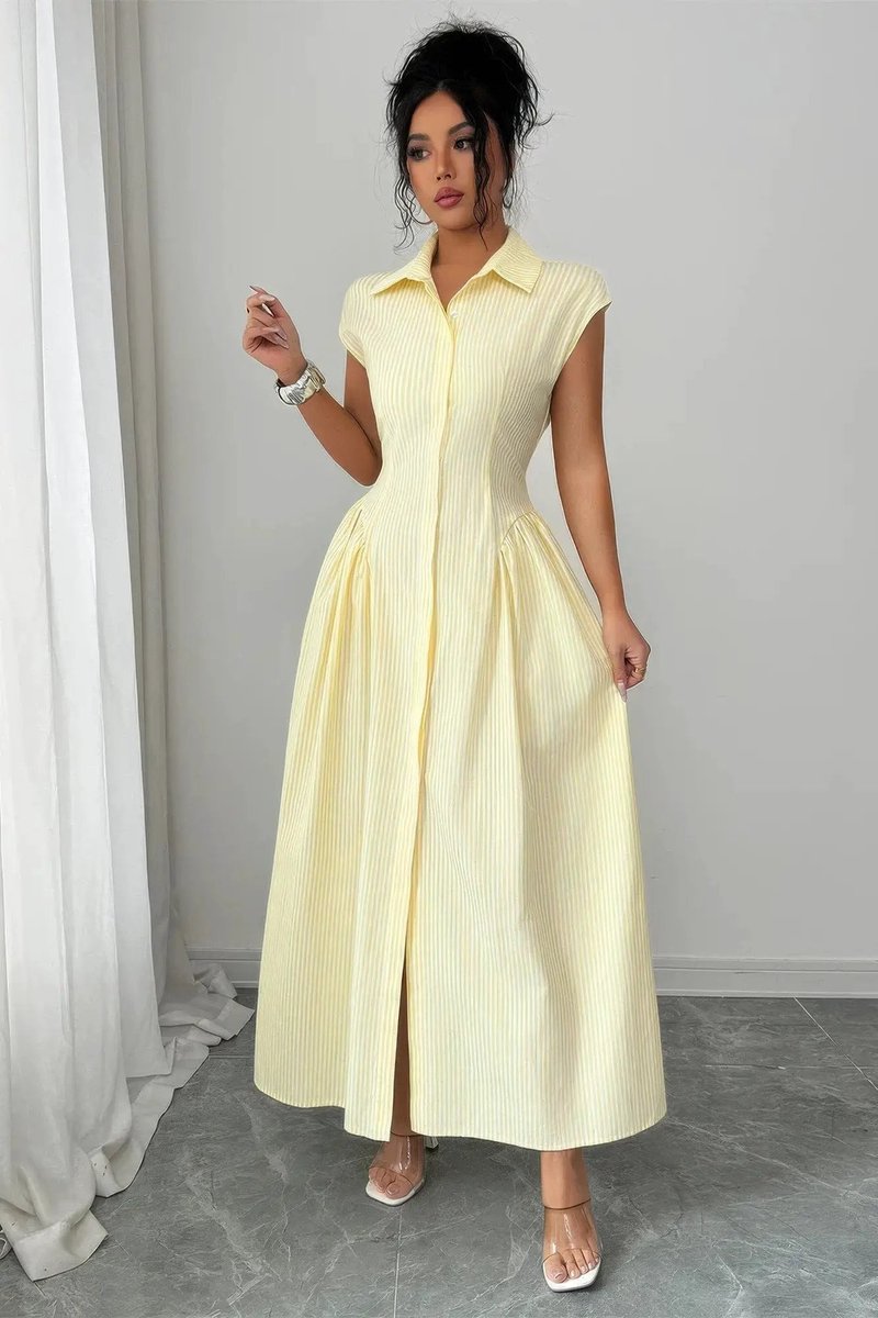 Women's Striped Maxi Fall Wedding Guest Dress Collared Sleeveless A-Line