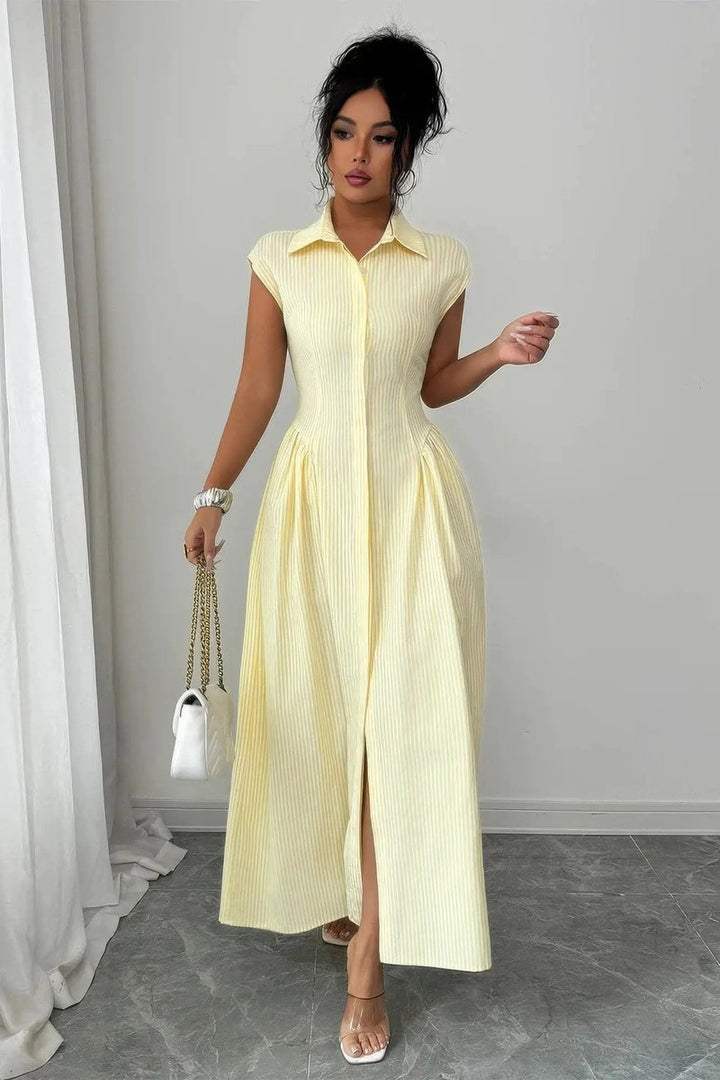 Women's Striped Maxi Fall Wedding Guest Dress Collared Sleeveless A-Line