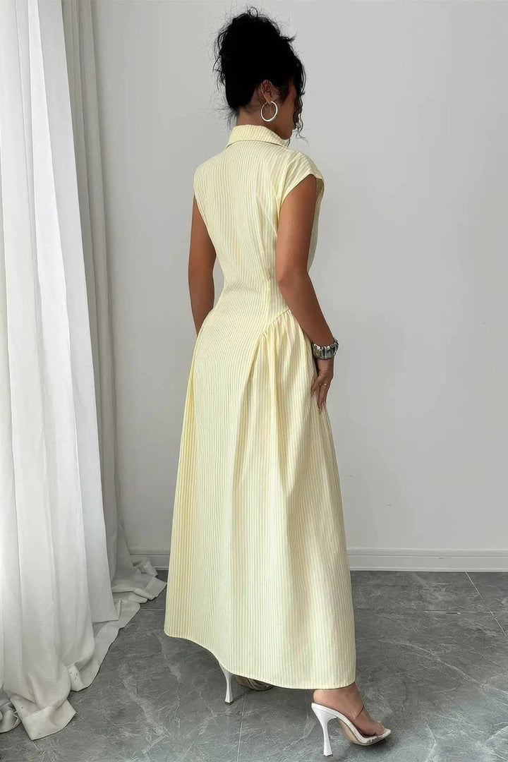 Women's Striped Maxi Fall Wedding Guest Dress Collared Sleeveless A-Line