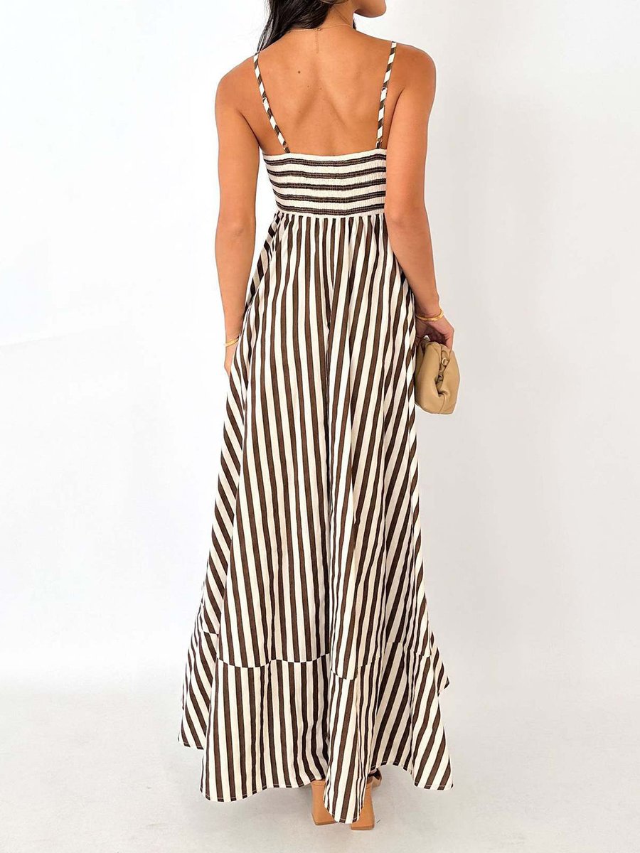 Women's Striped Maxi Fall Wedding Guest Dress Sleeveless A-Line