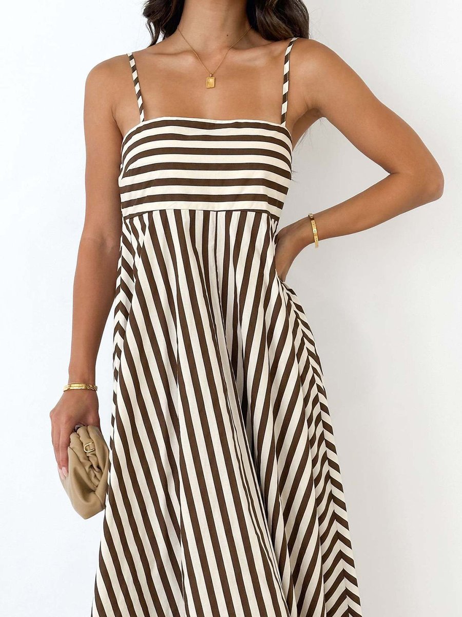 Women's Striped Maxi Fall Wedding Guest Dress Sleeveless A-Line
