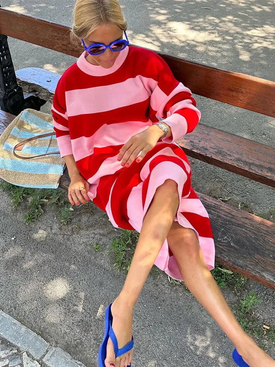 Women's Striped Oversized Relaxed-Fit Fall Midi Dress